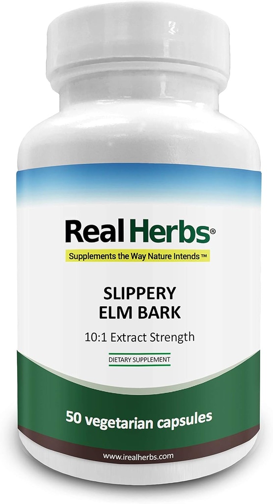 Real Herbs Slippery Elm Bark Extract-Derived מ 7000 מ"ג של Slippery Elm Bark עם 10:1 לחלץ כוח - Soothes Soreness של Mucous Membranes, Antioxidant Skin Support - 50 Vegetarian קפסולות