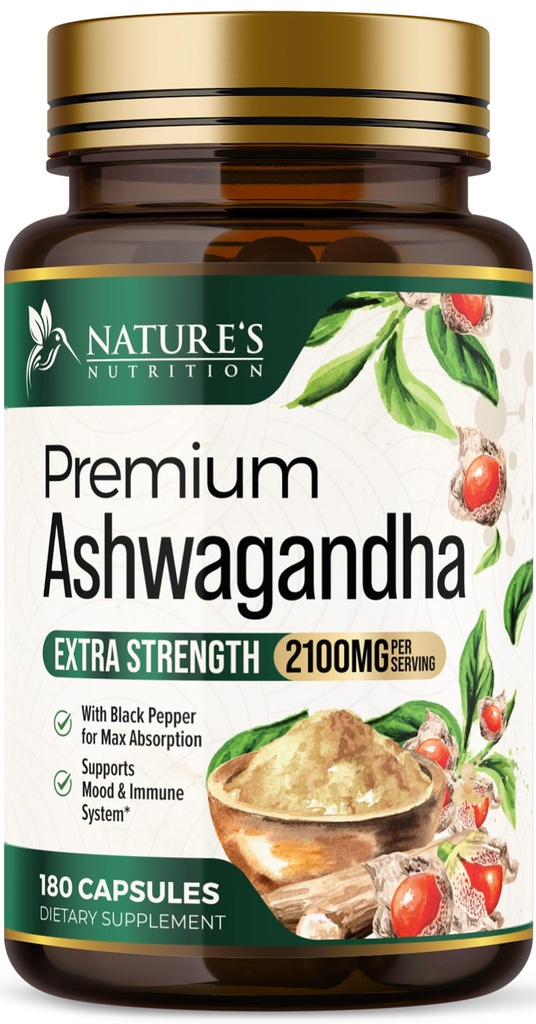 תוספי Ashwagandha - 2100mg Ashwgandha קפסולת לנשים וגברים, תמיכה טבעית נגד חמצון, Ashwa Root Extract, תוספת כוח תמיכה עם Black Pepper, טבעוני וגלוטן חינם - 180 קפסולות