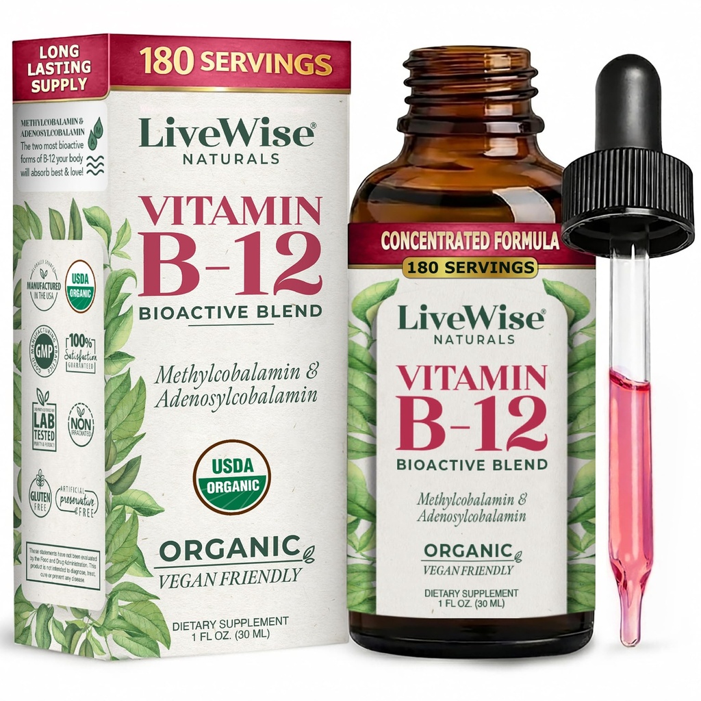 LiveWise Naturals B12 ויטמין Drops non-GMO, תערובת ביואקטיבית אורגנית לאנרגיה, קלייריות, פוקוס, ו- Easy Absorption, Adenosylcobalamin & Methylcobalamin תוסף, טבעוני, Gluten-Free, חלב ללא חלב, ללא חלב, ללא חלב, חלב.
