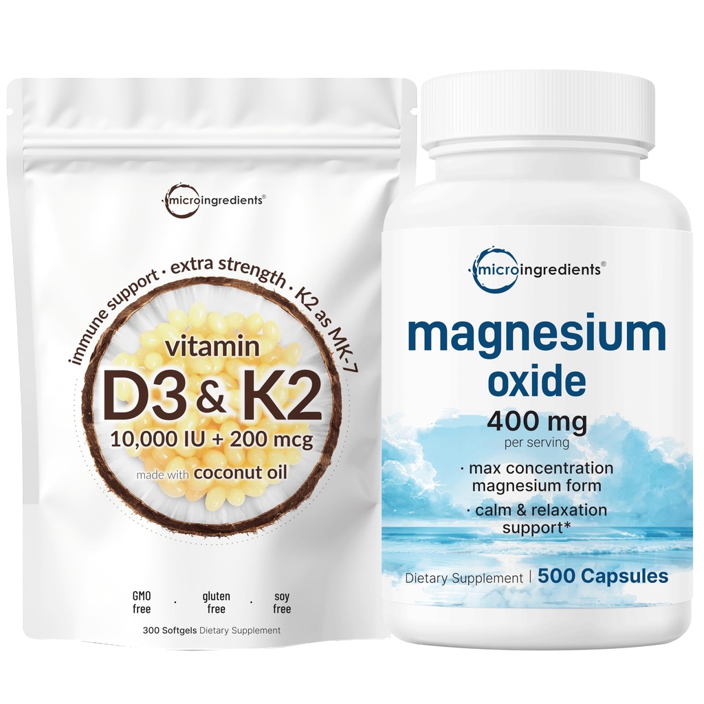 Micro Ingredients ויטמין D3 10,000o + K2 200mcg קוקוס שמן Softgels & Magnesium Oxide 400 מ"ג Bundle Pack | Essential Sunshine ויטמיניםs