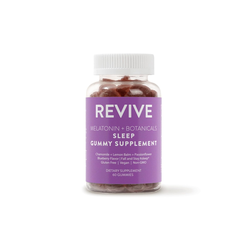 ReVIVEEO Melatonin & הבוטנים Sleep Gummy תוסף על ידי Revive Essential שמנים עם Chamomile, Lemon Balm & Passionflower - 5 מ"ג מלטונין - Blueberry Flavored