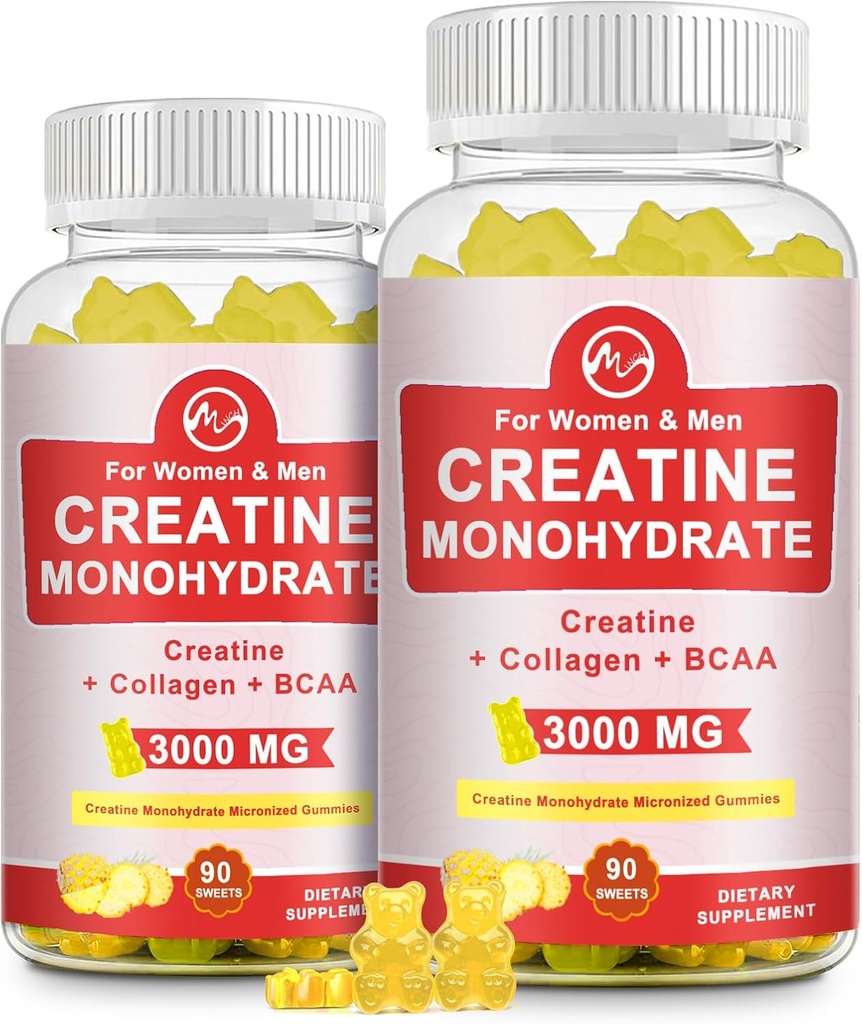 Creatine Gummy, 3g של Creatine Monohydrate לכל המשרת, סוכר חינם Creatine Monohydrate חניכיים עבור צמיחה שרירית וכוח עם 0.5g Collagen, 0.2g BCAA, 60 המשרתים, Pineapple Flavor, 2 PackP Packhydrate