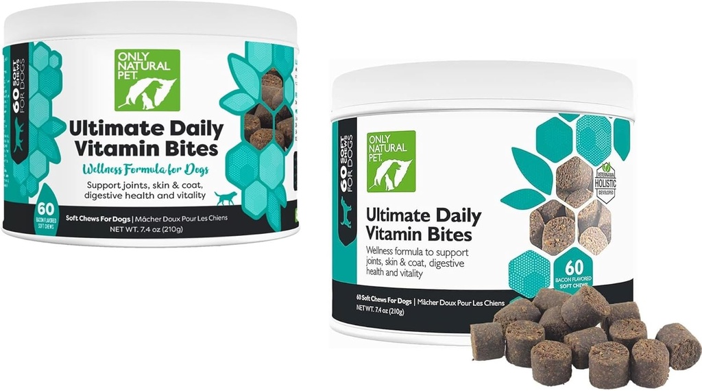רק ויטמינים טבעיים של Pet Ultimate® - תוספי Multivitamin מלאים עבור כלבים איזון בריאות ובטיחות - מזון קטן וגדול Canine מזון Immune Digestive תמיכה -60 צ'ות רכות (Pack of 2)