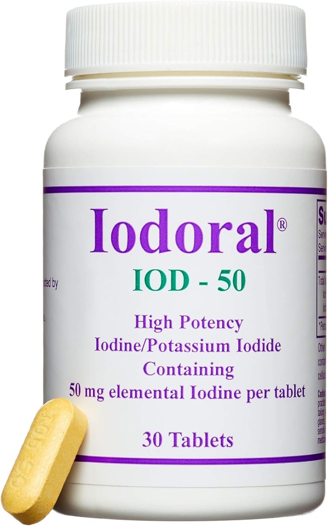 Optimox Iodoral 50 מ"ג תוסף - Potassium Iodide Tablet, High Potency Iodine, תוספים לתמיכה Thyroid, פתרון Iodine של Lugol - 30 Count