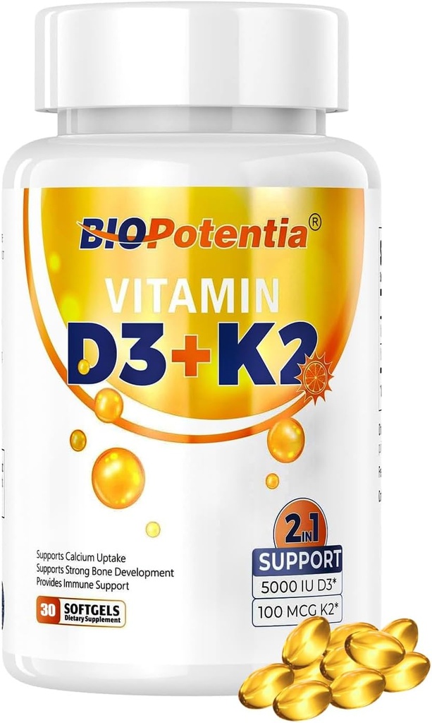 ויטמין D3 K2 עם תוסף שמן MCT, ויטמין D3 5000 IU & K2 100MCG (MK7), תומך Immune, Bone & Dental Health -ten Free Non-GMO - 30 Softgels