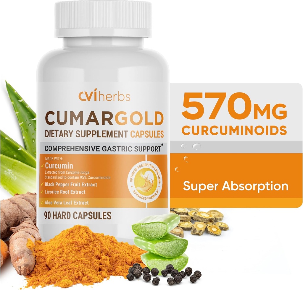 Cumar Golden 570mg Curcuminoids Turmeric Curcumin תוספת עם פיפרין, Licorice Root & Aloe Vera - קפסולות בריאות טבעיות גבוהה (90 Count)