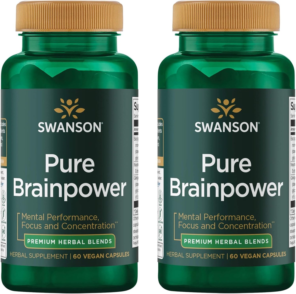 Swason Pure Brainpower Brain Health Cognitive Memory Focus Support Brain-Derived Neurotrophic Factor (BDNF) Herbal Supplement (Ginkgo Biloba, Bacopa Monnieri) 60 קפסולות Veggie (Veg Caps) (2 Pack)