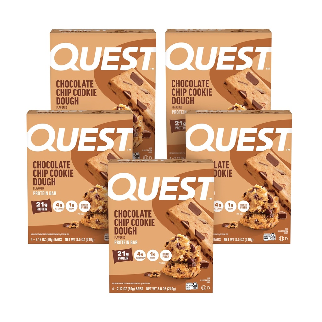 Quest Nutrition Chocolate Chip Cookie Dough - חלבון גבוה, פחמימות נמוכות, Gluten Free, Keto Friendly, 2.12 Oz, 20 Count (4 Packs of 5)