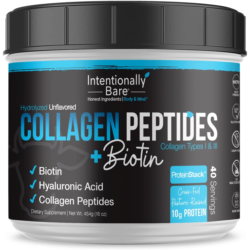 Intentionally Bare Grass Fed Hydrolyzed Collagen Peptides Powder - Bovine Collagen Powder – with Biotin, Hyaluronic Acid, Vitamin C & Zinc - Peptides I & III – 10g Protein -Unflavored - 40 Servings