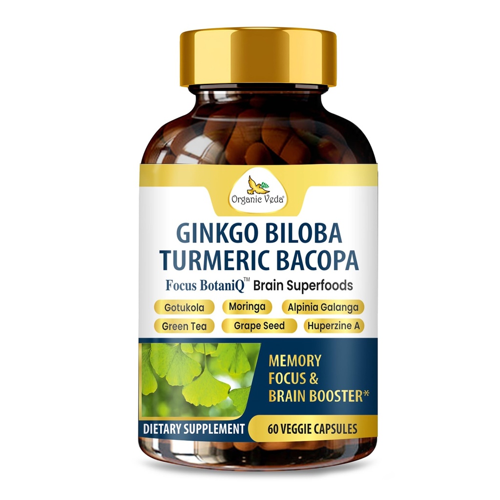 אורגני Veda Jinkgo Biloba Turmeric Bacopa Brain תוסף זיכרון, Mood & Focus עם Ashwagandha - ריכוז, אנרגיה ומוח Booster, תמיכה משותפת בריאה & Circulation - 60 קפסולה טבעונית