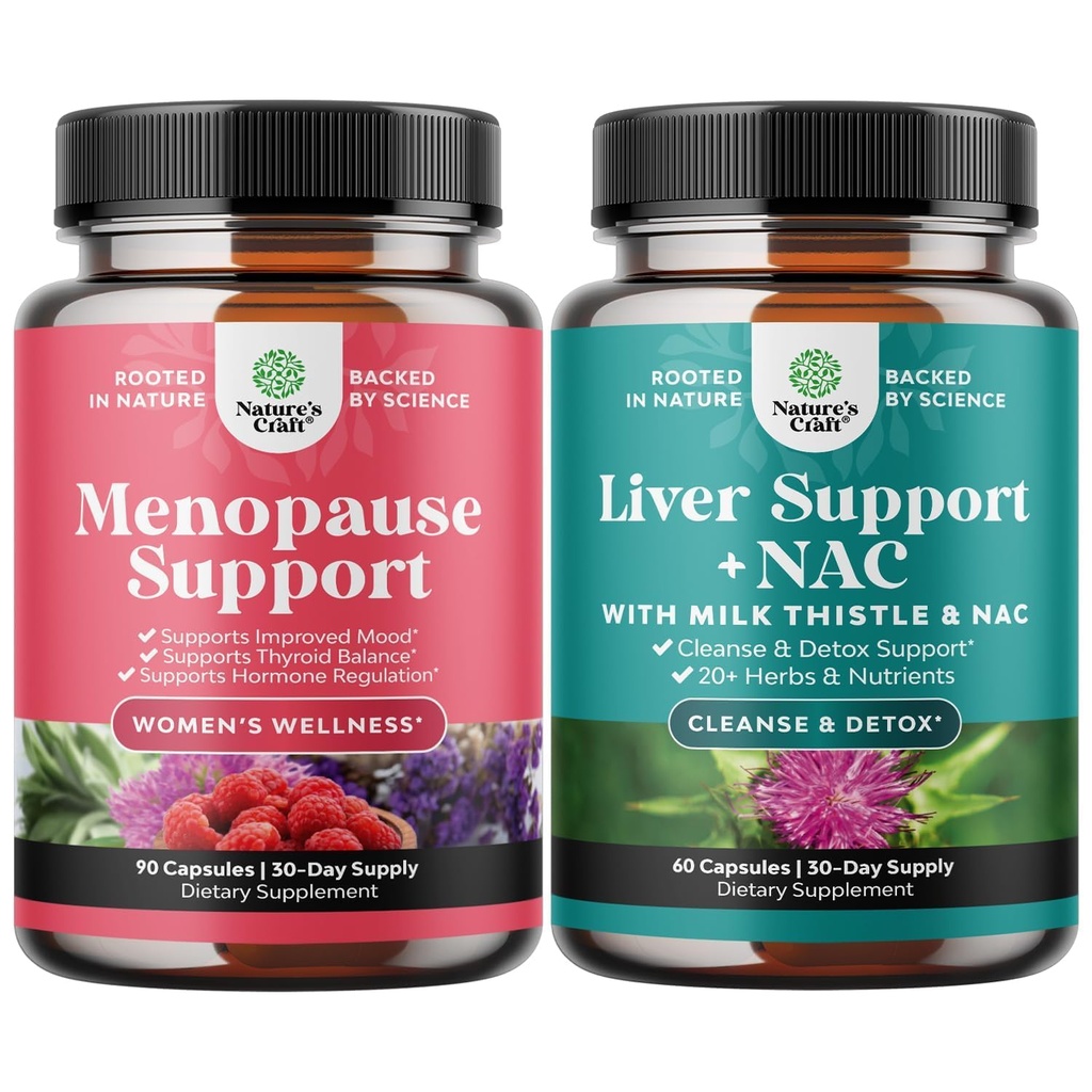 Bundle of Menopause תוספת לנשים עם Dong Quai, Vitex Chaste Brad & Black Cohosh ו- Liver תמיכה NAC עם שביל חלב, Artichoke, Choline & Beetroot עבור Detox & תיקון
