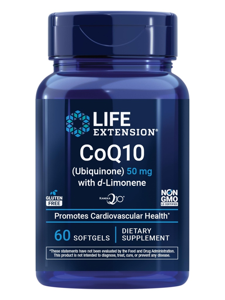Life Extension Super-Absorbable CoQ10 (Ubiquinone) עם d-Limonene, Heart Health Supplement, מקל על כללי Fatigue, oxidative Stress Defense, 50 מ"ג, Non-GMO, Gluten-Free, 60 Softgels.