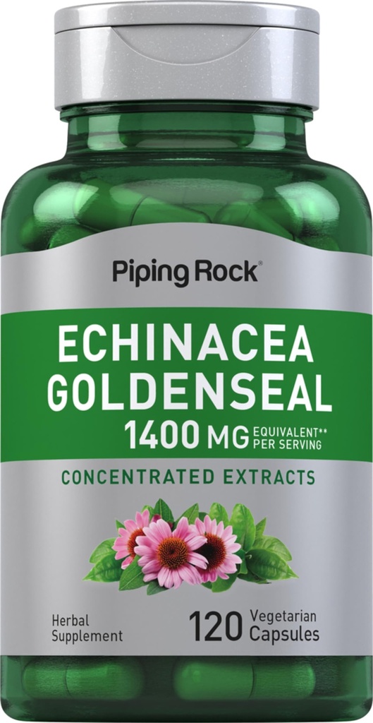 Piping Rock Echinacea Goldenseal קפסולות | 1400mg | 120 קפסולות צמחוניות | Non-GMO, Gluten Free Supplement