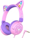 iClever Kids Headphones Cat Ear, LED Light Up, 85dBA Safe Volume, Stereo Sound Toddler Headphones for Travel School, Foldable 3.5mm Wired Kids Headphone for iPad Tablets, Meow Lollipop - פינק