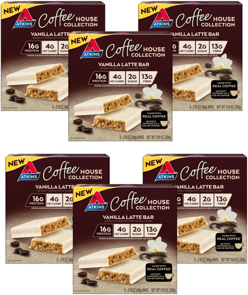 Atkins Coffee House Meal Bar, Vanilla Latte, 16g חלבון, 4g Net Carbs, 2g סוכר, 13g סיבים, עשוי עם קפה אמיתי, 5 ספירה (Pack of 6)