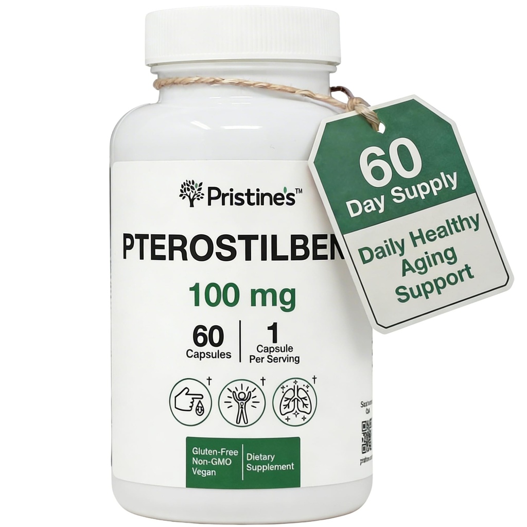 PRISTINE'S Pterostilbene 100mg Anti Aging תוספי קפסולות - 60 יום אספקה - Lung Health & Mental Clarity Antioxidant - High Bioavailability טבעוני non GMO