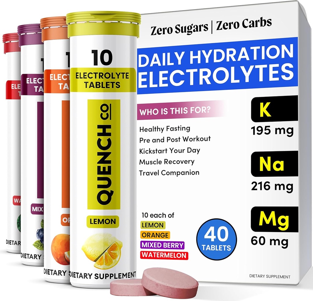 Quench Electrolyte Tablet 40 Count Instant hydrotion, Electrolytes, Fasting Electrolytes No Sugar for Optimal hydrotion Support Not Dust - Watermelon, אורנג ', מעורב ברי, לימון פלברס