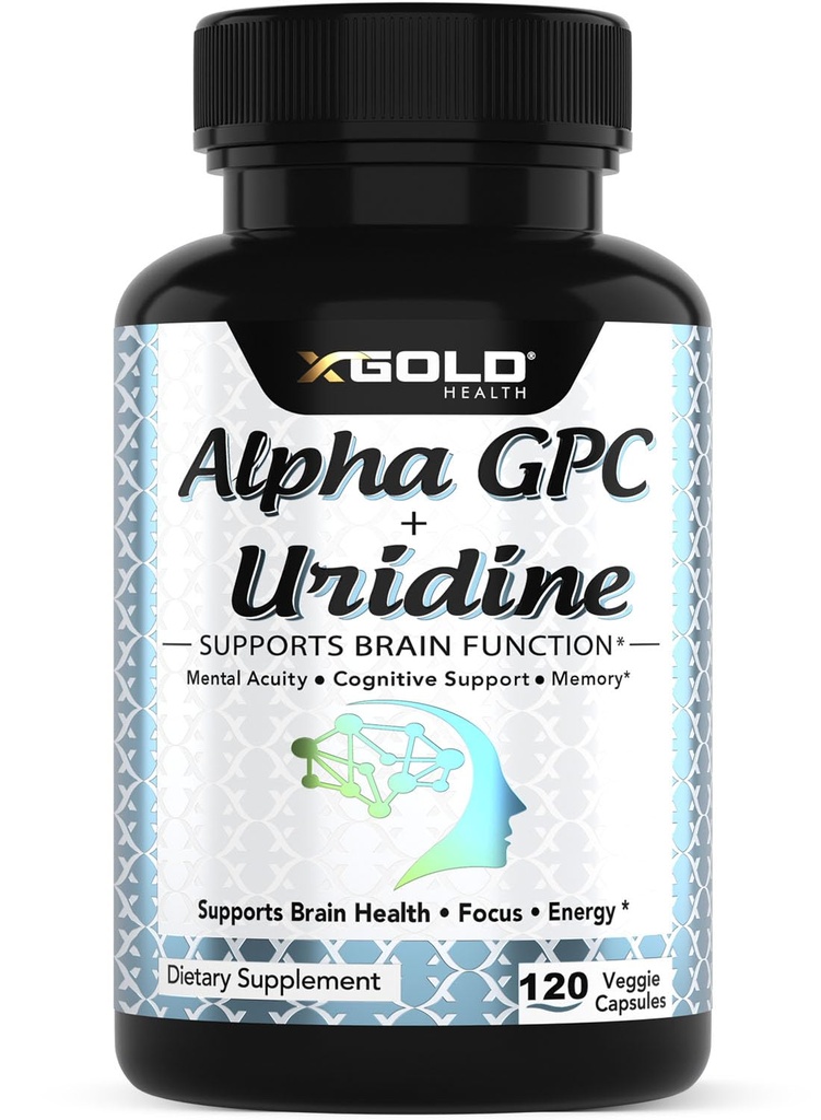Alpha Gpc + Uridine 900mg - Powerful Nootropic עבור Boost Focus, Memory, Energy, Mood & Cognitive Performance - 120 קפסולות צמחוניות