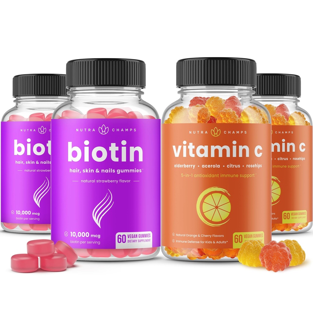 NutraChamps biotin Gummies (2 Pack) ו ויטמין C חניכיים (2 Pack) 4 Pack Bundle