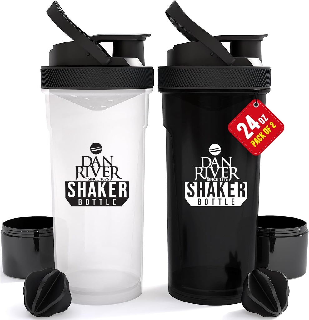 DAN RIVER 2Pack Shakerבק | 24oz פלסטיק חלבון Shaker & Mixer | Twist & Lock Design for Smoothies & חלבונים Mixes