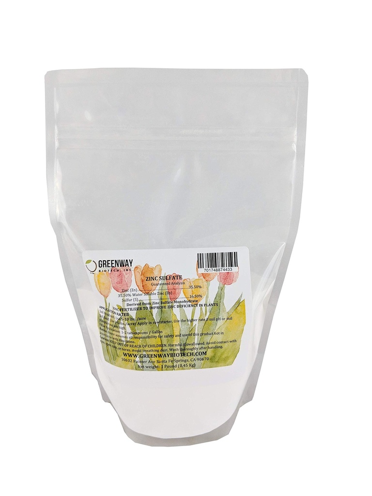 Greenway Biotech, Inc. Zinc Sulfate אבקת 35.5% Monohydrate Plus 16.5% Sulfur (1 פאונד)