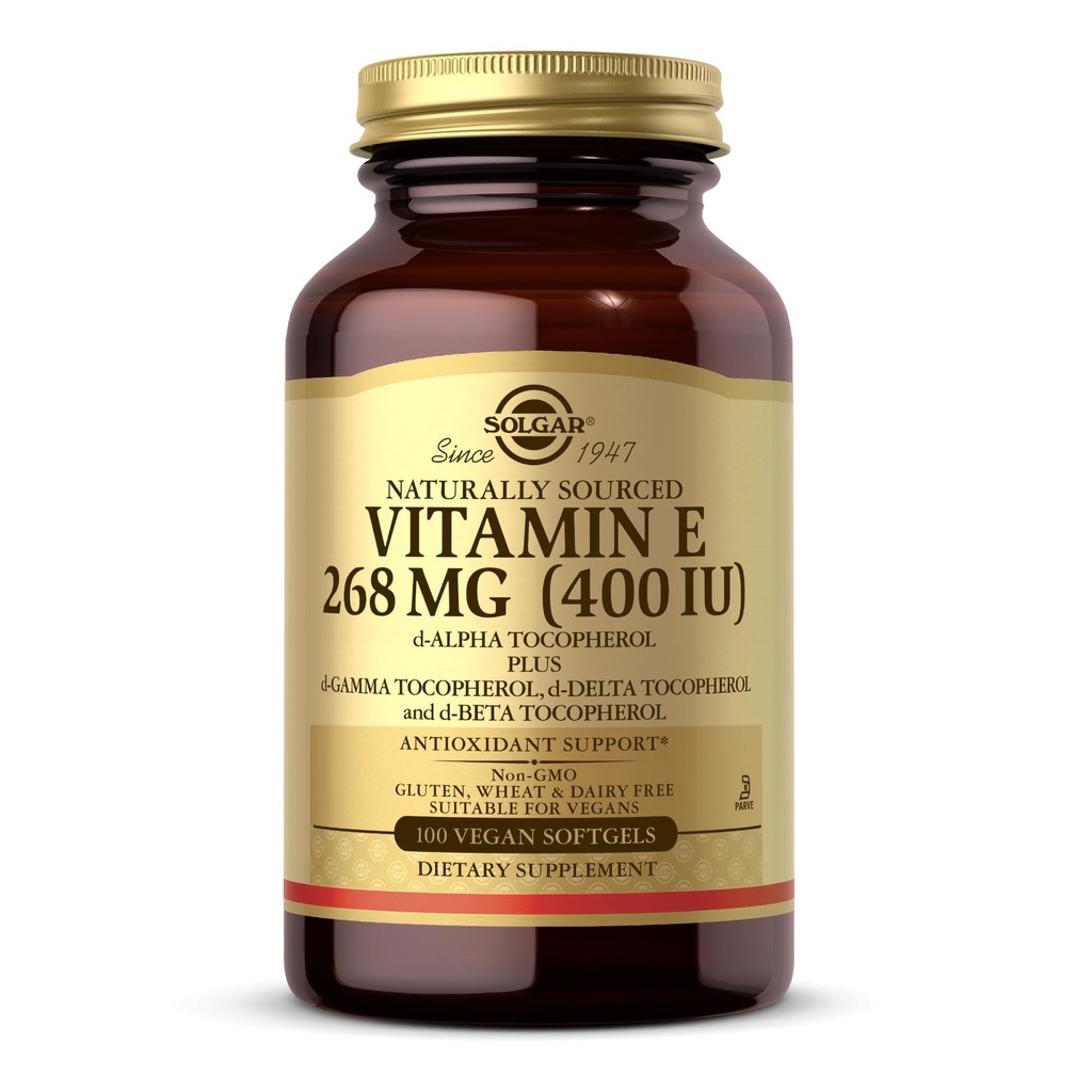 ויטמין Solgar E 268 מ"ג (400 IU) - 100 Softgels טבעוני - מקורו באופן טבעי - non-GMO, Gluten Free - 100 משרתים