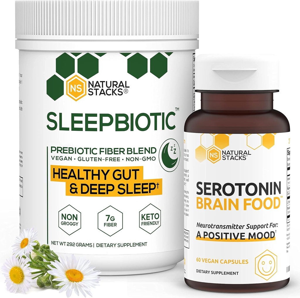 תוספי Natural Stacks בונדלה - SleepBiotic Preביוטיקה סיבים (292g) + תוספי Serotonin (60caps) - עבור Mood & Energy Boost, בריאות הנפש, Gut Health, Better Sleep
