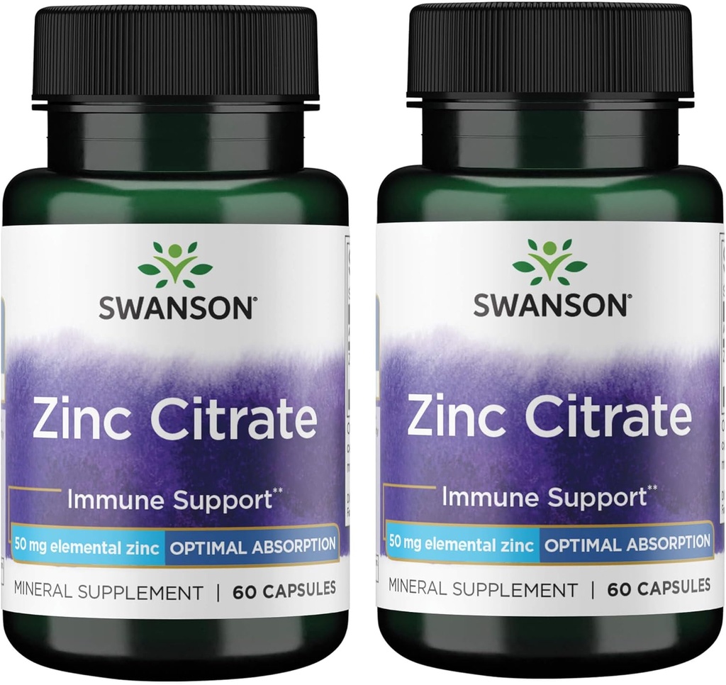 Swanson Zinc Citrate - מינרלים תוספת קידום חזון בריא & Immune System Health - פורמולה טבעית תמיכה כללית בריאות - (60 קפסולות, 50 מ"ג כל אחד) (2 Pack)