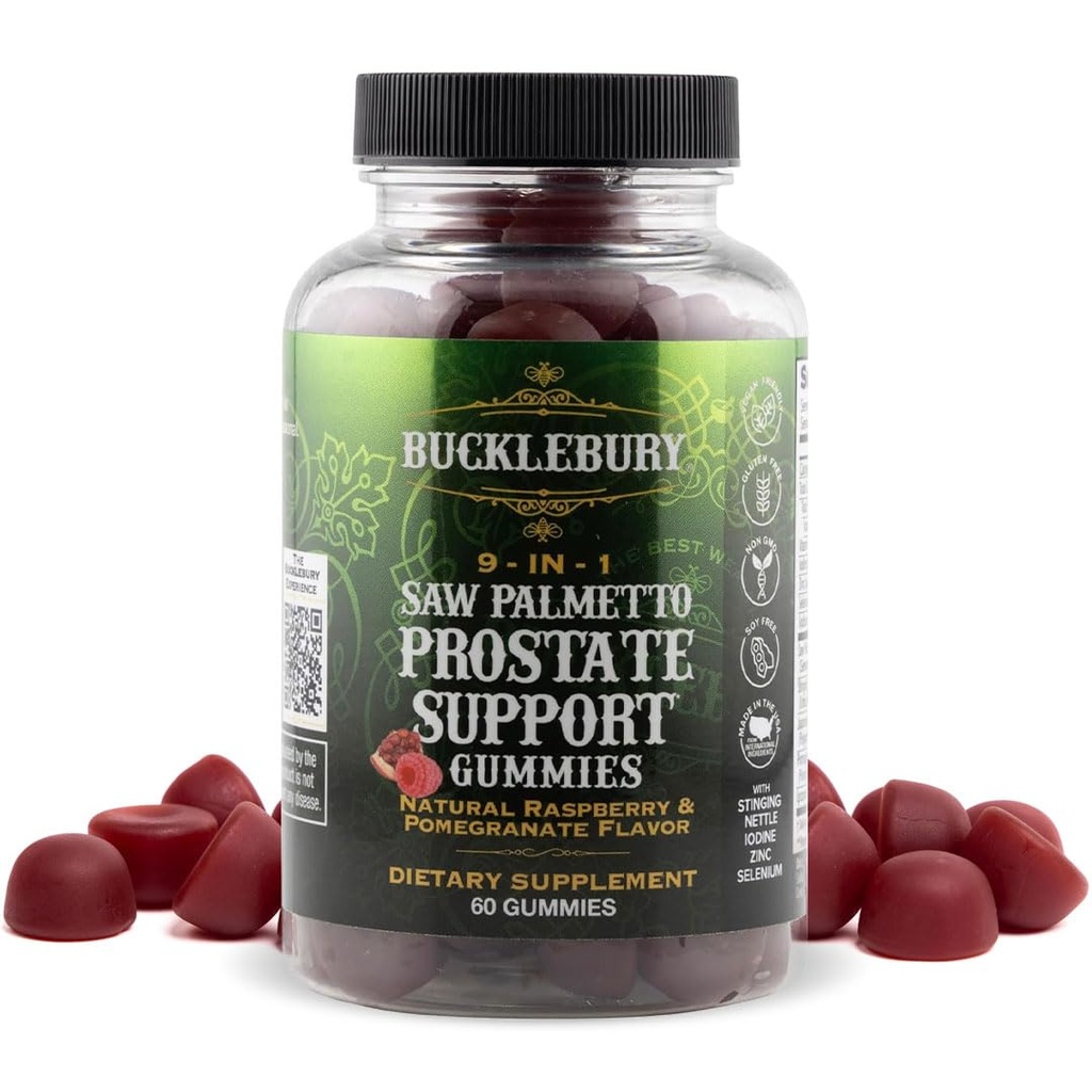 BUCKLEBURY 9-in-1 טבעי Saw Palmetto Gummies עם Raspberry & Pomegranate Flavor - Plant-based Prostate Prostate תוספי תמיכה עבור Mens Bladder Health, צמיחת שיער ותמיכה שתן - 60 מסטיקים