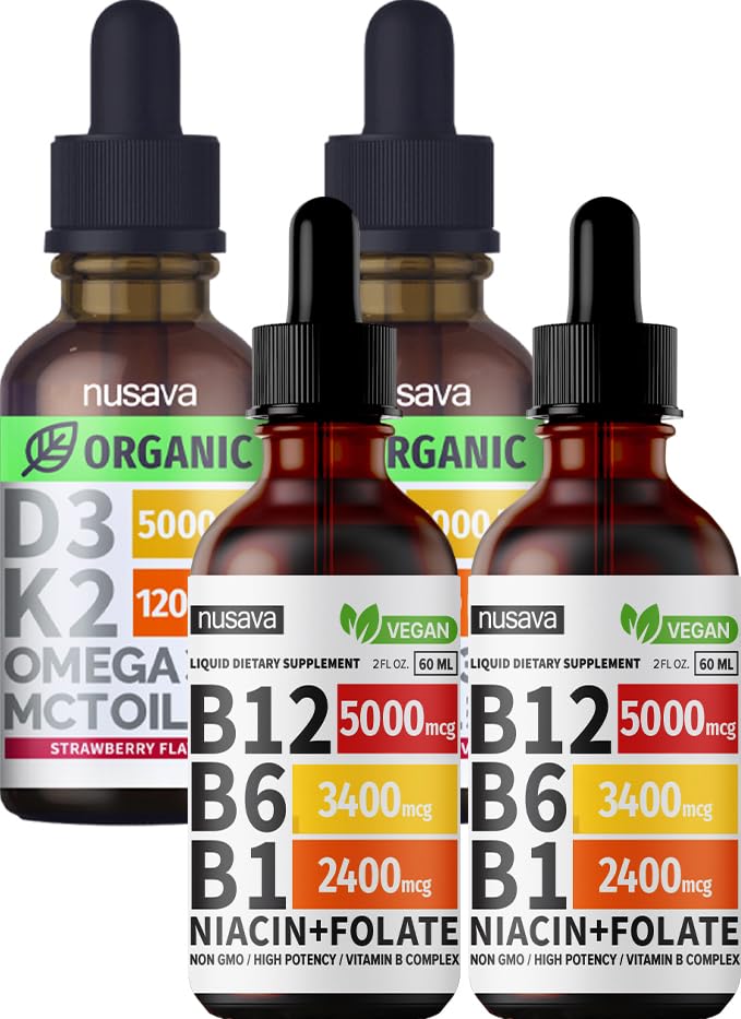 NUSAVA ויטמין B12 טיפות נוזליות ו- Strawberry Flavored D3 K2 Bundle - ויטמין נוזלי פוטרנט ללב, משותף, אנרגיה, ותמיכה Immune - non-GMO, Gluten-Free, 2pk כל אחד