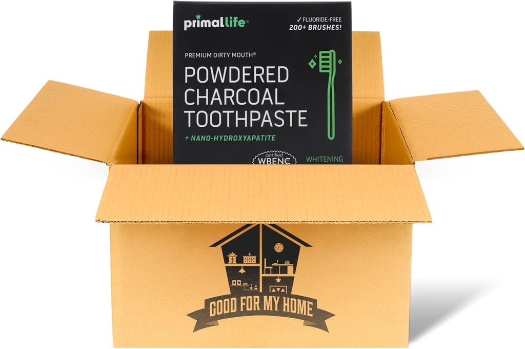 פעיל Charcoal Primal Life Organics 1 oz Toothpowder: תערובת אורגנית טבעונית, Kaolin & Bentonite Clay, Essential Oils - Black Spearmint עבור 200+ Brushings. GFMH Box Included