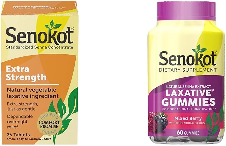 Senokot תוספת חיזוק ירקות טבעיים Laxative עבור Gentle Overnight הקלה Occasional Constipation, 36 Count & Dietary תוסף Laxative Gummies, Natural Senna לחלץ, Gentlele