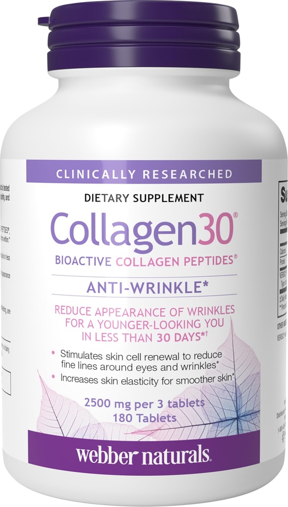 Webber Naturals Collagen30 Anti-Wrinkle, 2,500 מ"ג של Bioactive Collagen Peptides Per Serve, 180 טבליות, מסייע להפחית קמטים עמוקים, קווים יפים & Stimulates Skin Cells, non GMO, חלב וגלוטן חינם