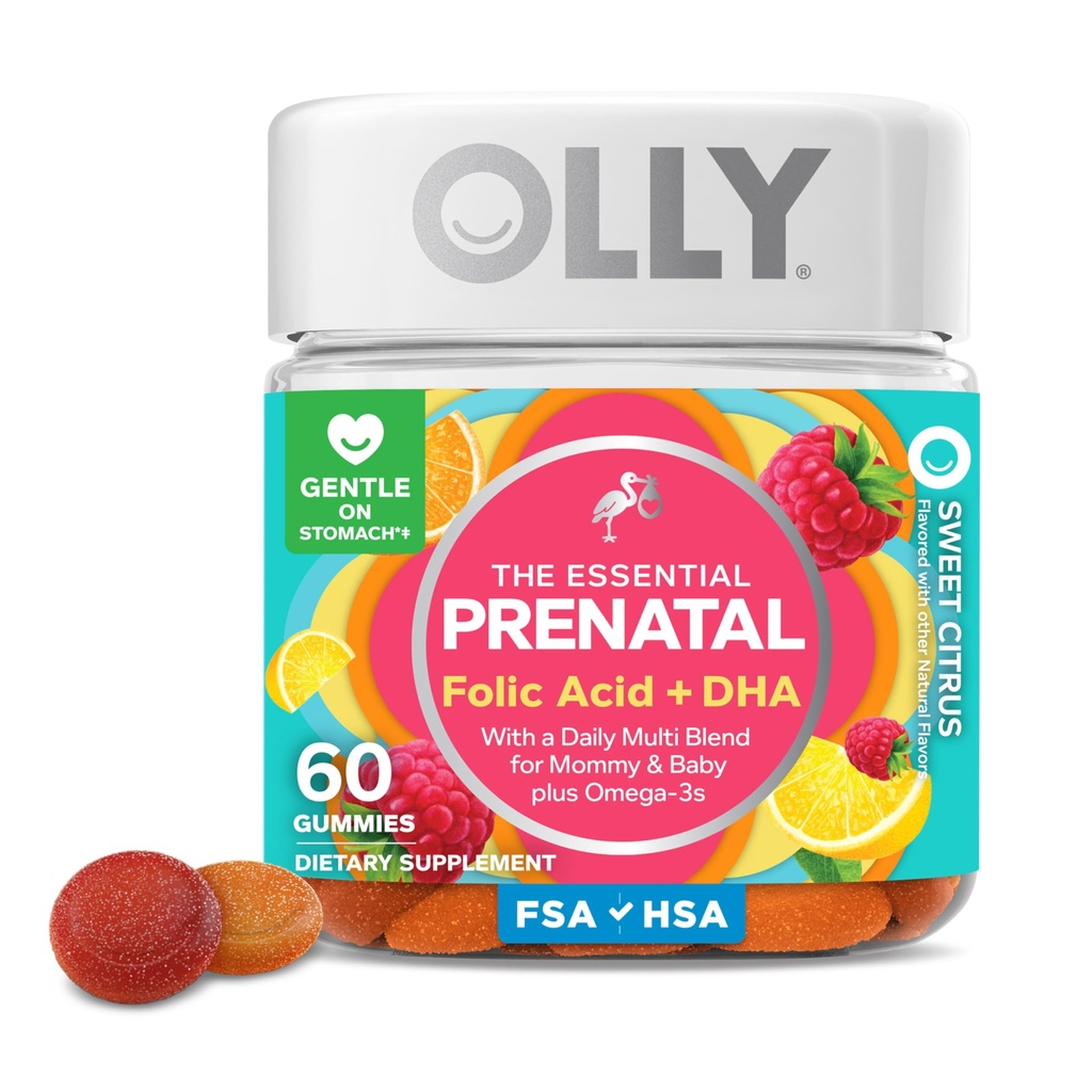 OLLY Prenatal Multivitamin Gummy, תומך צמיחה בריאה ופיתוח המוח, Folic Acid, ויטמין D, אומגה 3 DHA, תוספת Chewable, Citrus Berry Flavor, 30 יום אספקת 60