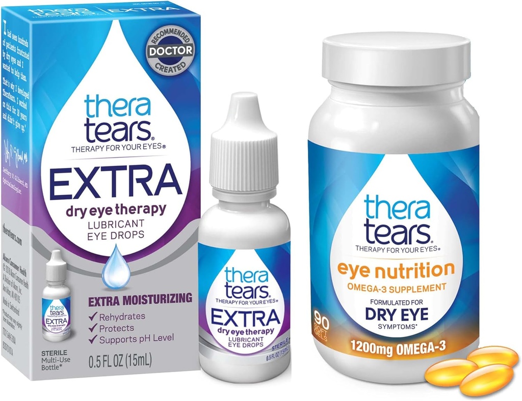 TheraTears 1200 מ"ג אומגה 3 תוסף תזונה העין, Organic Flaxseed Triglyceride Fish שמן & VIT E,90 Count Eye Drops, תוספת טיפול עיניים יבש,15 mL,0.5 Fl oz