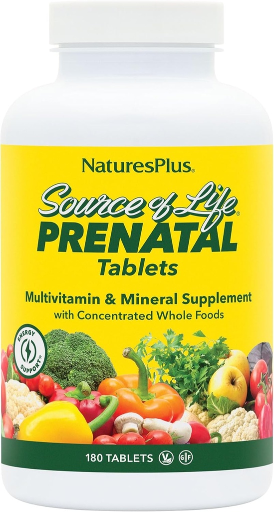 Natures Plus Source of Life Prenatal - 800 mcg Folate, 180 טבליות צמחוניות - All Natural Prenatal ויטמין & מינרלים עם Iron & Calcium - בריאות אופטימאלית ואנרגיה - Gluten-Free - 90 משרתים