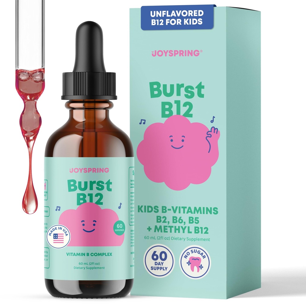 JoySpring Burst B12 Drops - ויטמין B Complex for Kids (2 fl oz) B2, B6, B5 + Methylcobalamin B12 ילדים תוספת לתמיכה בצמיחה בריאה ופיתוח, טבעוני B12, ימי 2-16+