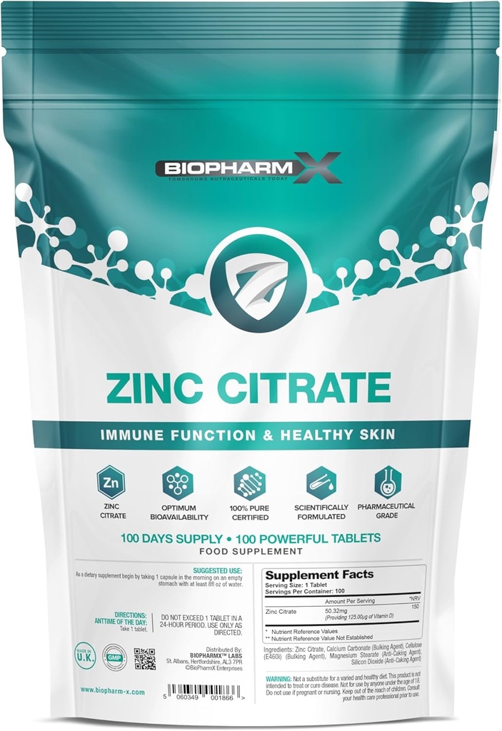 Zinc Citrate (100% Pure Certified/MAXimum Power 50 מ"ג טבליות x 100 (1 Per Day)