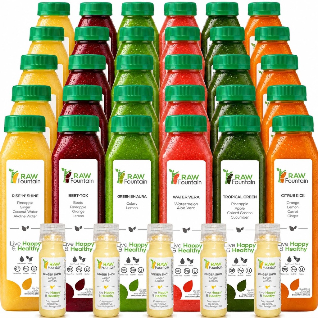 5 יום ג'וש ניקוי על ידי Raw, Tropical Flavors, All Natural Raw, Cold Pressed Fruits, Detox ניקויse, 30 בקבוקים 12oz, 5 בונוסים ג'ינג'ר