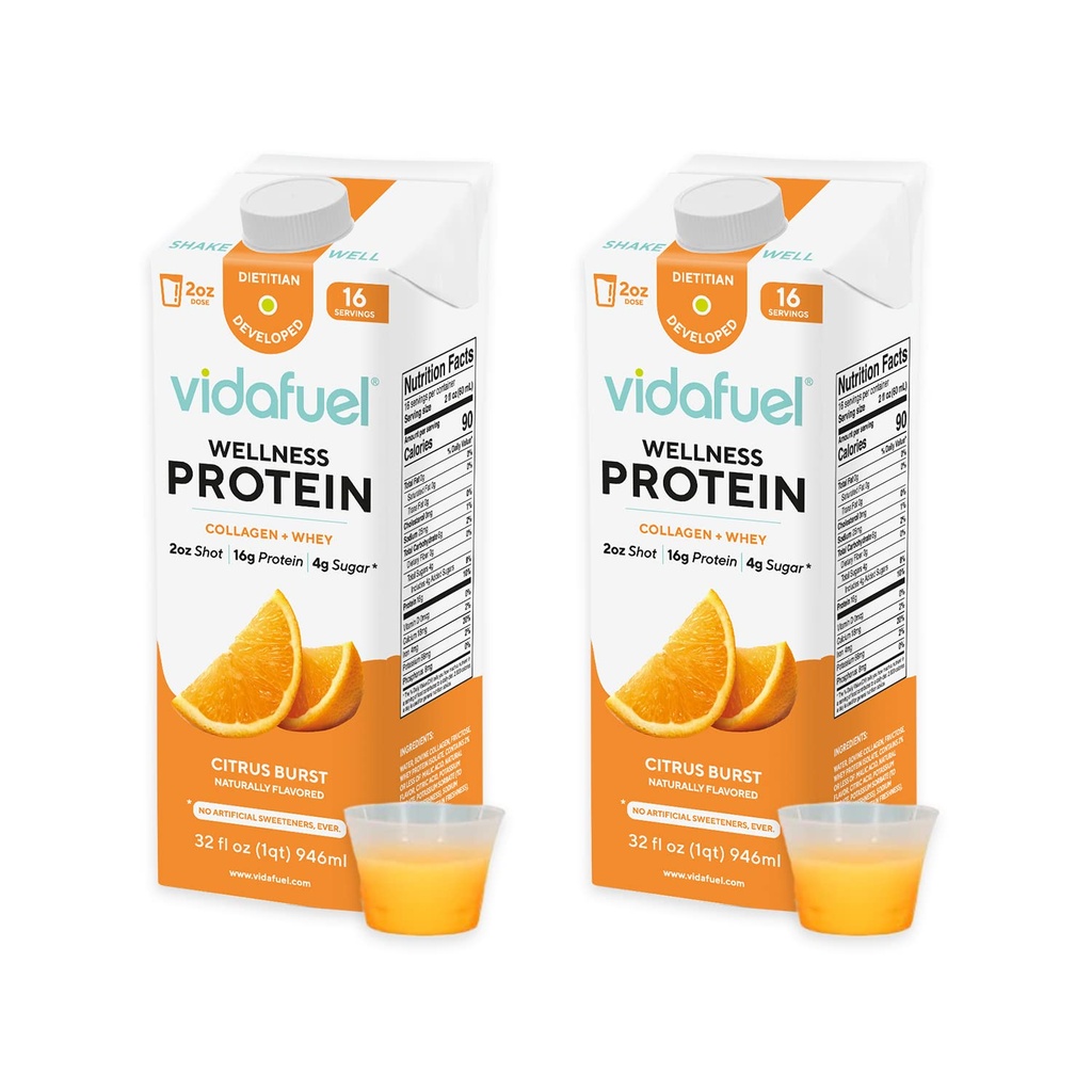 שתיית חלבון דלק, 16g חלבון לכל 2oz Shot, 32 oz Carton, 2 Pack, Citrus, Collagen ו-Whey Drink, No Artificial Sweeteners