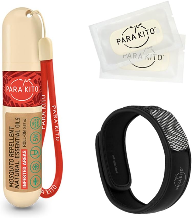PARA'KITO Mosquito Repellent Bundle, 1 Mosquito Repellent Bracelet, 1 Roll-on Gel, Bug Repellent Bracelets, Wearable Mosquito Repellent מכשירים, שחור שחור שחור שחור