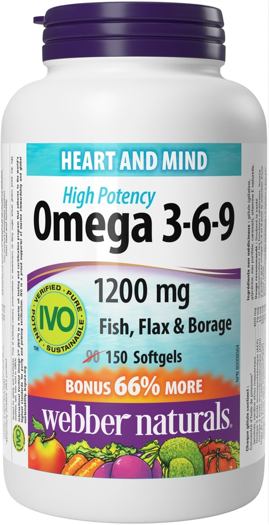 Webber Naturals אומגה 3-6-9 Flaxseed, Fish & Borage Oils 1200 מ"ג, 150 רכות