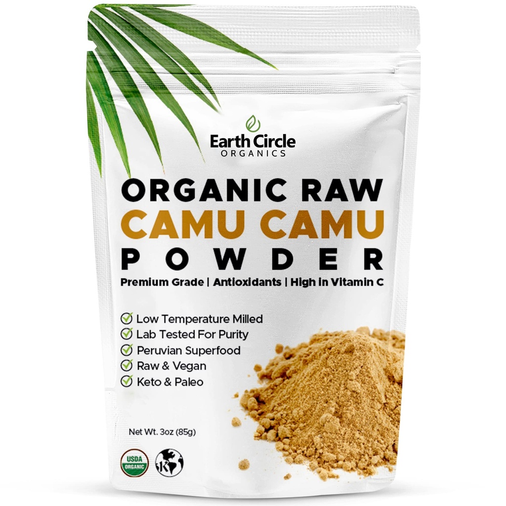 כדור הארץ Circle Organics Camu Camu - אבקת Raw Bre אורגנית עם ויטמין C & Antioxidants - טבעוני, כשר, non-GMO Superfood for Immunity & Energy - 3oz (Pack of 1)