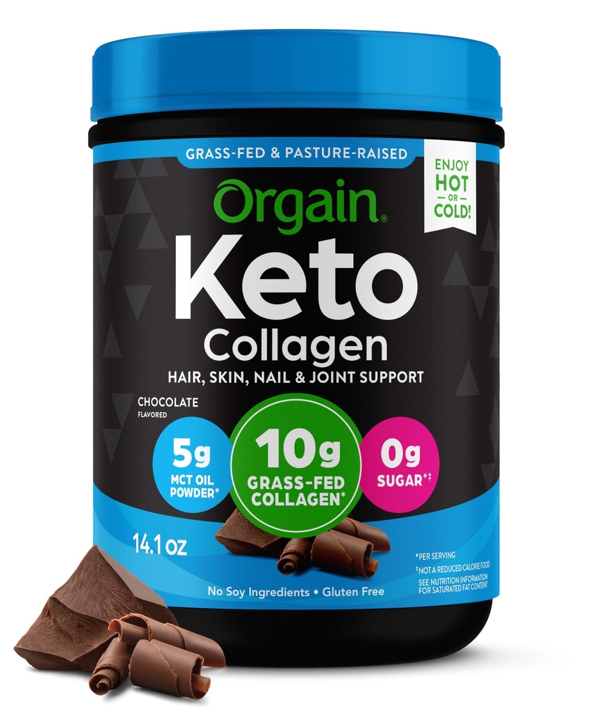 Orgain Keto Collagen חלבון אבקה, שוקולד - 10g Grass פד hydrolyzed Collagen Peptides עבור נשים וגברים, סוג I & III, 5g שמן MCT - שיער, עור, ריח ותמיכה משותפת, non-GMO, Gluten חינם - 0.88lb חינם - 0.88lb
