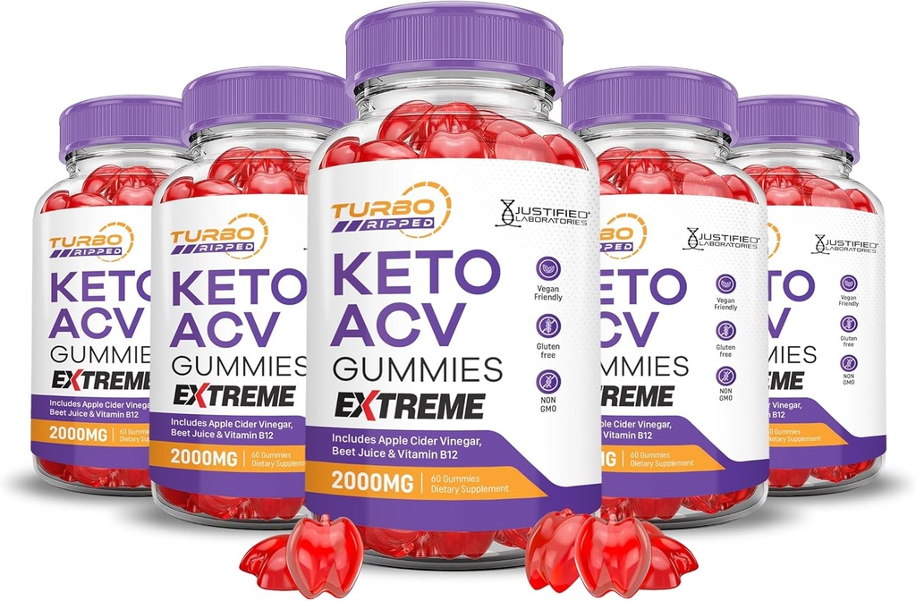 (5 Pack) Turbo Ripped Keto ACV Gummies Extreme 2000MG Turbo Ripped Ketomies Apple Cider Vinegar פורמולה עם אבקת מיץ Pomegranate B12 טבעוני non GMO 300 Gummys