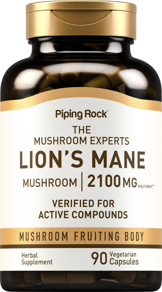 Piping Rock Lions Mane תוסף קפסולות | 2100 מ"ג | 90 Count | Mushroom Fruiting Body Extracting Men and Women | Hericium Erinaceus | Vegetarian, non-GMO, Gluten Freeten