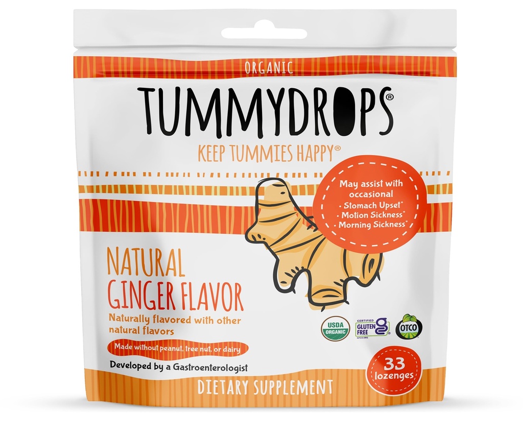 USDA אורגני ג'ינג'ר Tummydrops, Gluten Free & Vegan, 33 Individually Wrapped Drops in a Resealable Bag