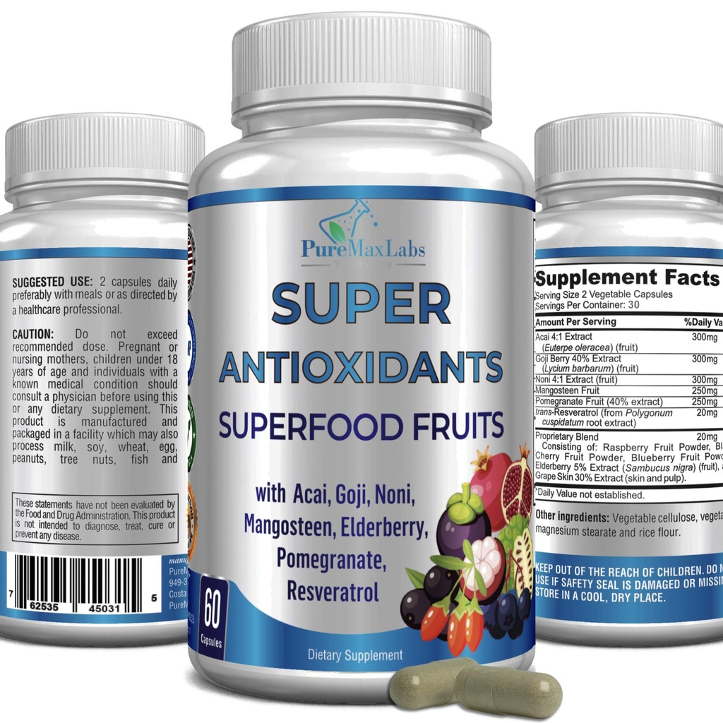 Super Antioxidant פירות Superfood Complex - Powerful Antioxidant Superפירות, Acai, Goji, Noni, Mosteen, Pomegranate, Elderberry, Resveratrol, תמיכה ב- Skin Care - 60 קפסולות
