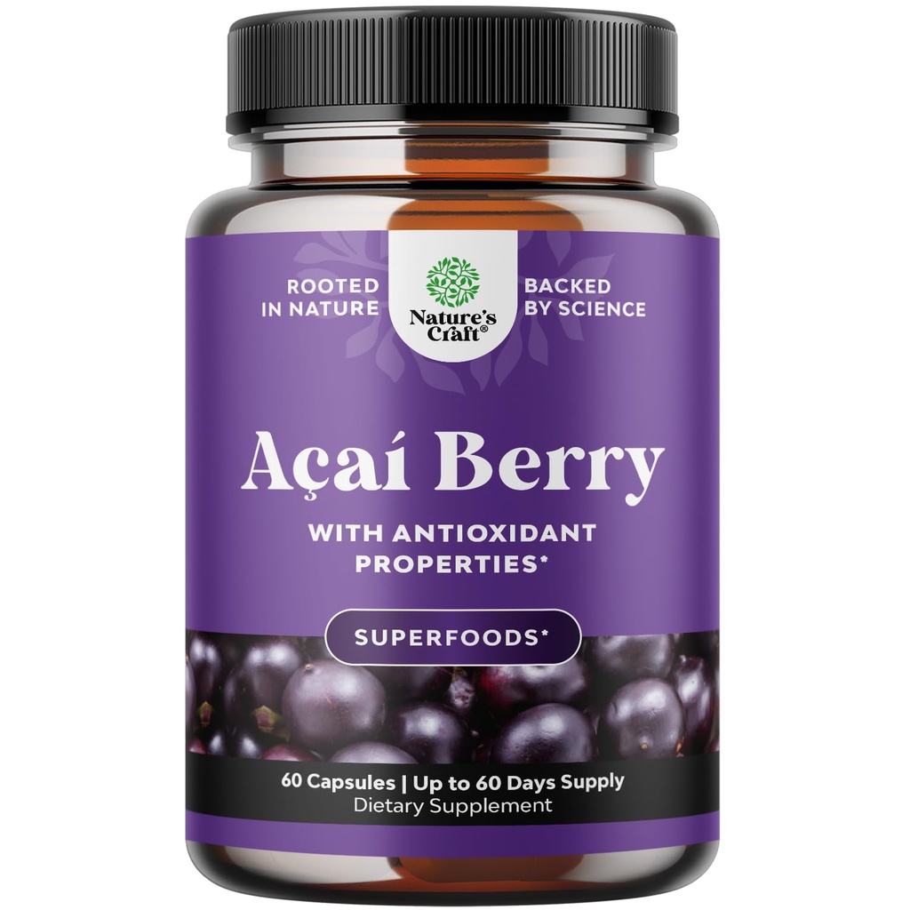 Natures Craft Acai ברי Antioxidant משקל אובדן תוספת עבור נשים וגברים - ויטמינים מינרלים Antioxidant פורמולה תומכת במערכת החיסון ו- Boost Energy Cognitive Health - 60 משרתים