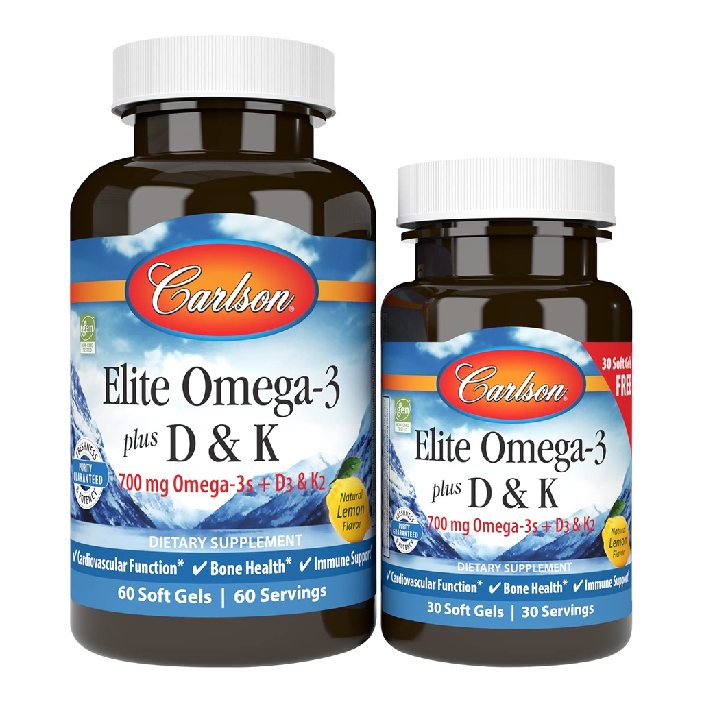 קרלסון - Elite אומגה 3 Plus D & K, 700 מ"ג אומגה 3s + D3 & K2, פונקציונלי, Bone Health & Immune תמיכה, לימון, 60+30 Softgel